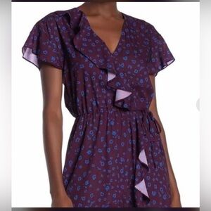 NWT Parker Wrap Dress Cobalt Leopard Large rufffle lined plum with blue spots